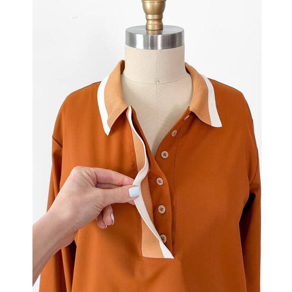 A. Putnam Long Sleeve Polo Golf Shirt in Terra Orange Brown Stripe Trim M - Picture 5 of 14
